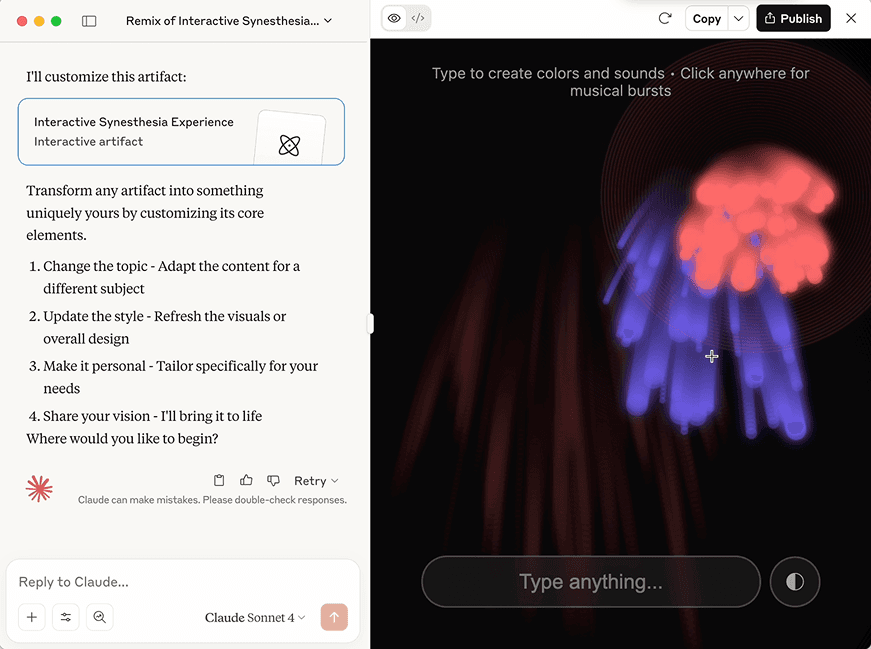 Official Claude artifacts screenshot showing an interactive workspace generated in Claude