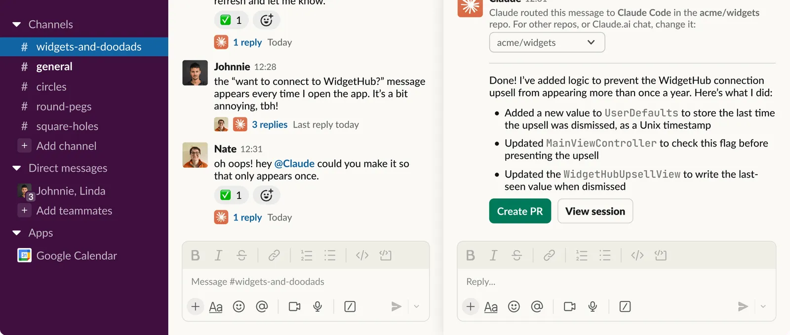 Official Claude Code Slack screenshot showing task coordination in Slack