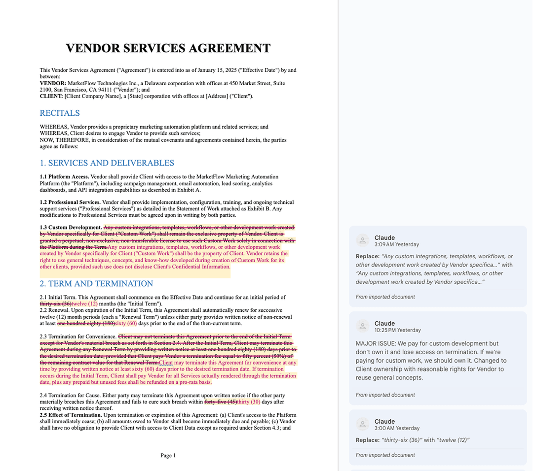 Official Claude legal-task screenshot showing contract redlining and negotiation output