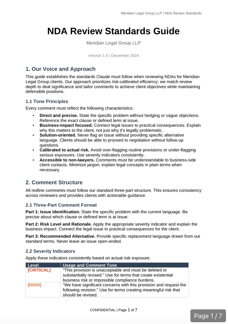 Official Claude legal Projects screenshot showing an NDA review standards workflow