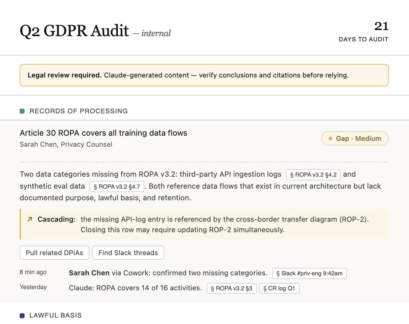Official Claude legal-task screenshot showing regulatory compliance review output