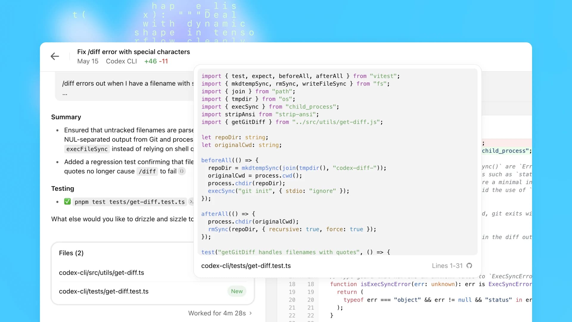Official OpenAI Codex review screenshot showing citations, test evidence, and changed files